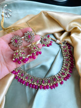 Load image into Gallery viewer, Anvi Hot Pink Golden Polki Necklace Set with Maangtikka
