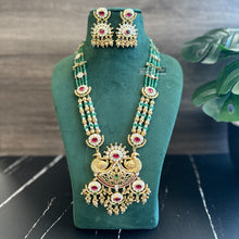 Load image into Gallery viewer, Kundan Green Beaded Long Kemp Stone Haram necklace set
