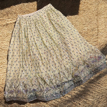 Load image into Gallery viewer, Mint Green Golden Chinnon Fabric 4mt flair Free size Soft Silk Skirt
