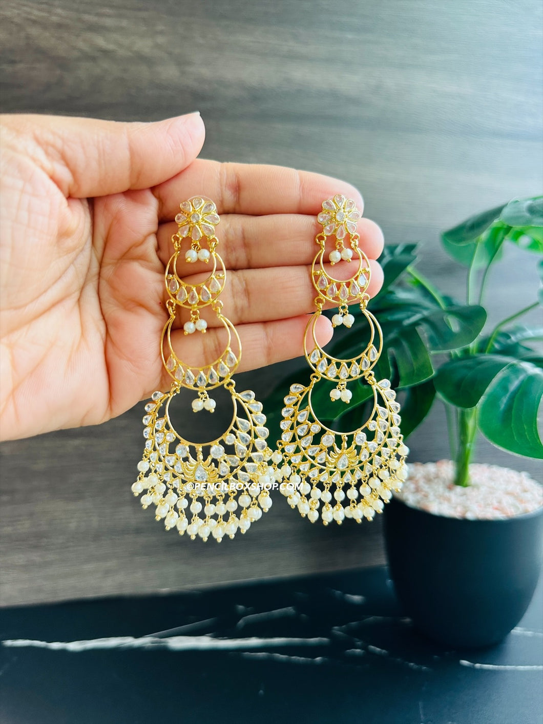 14k Gold plated White Three layered Chandbali Jhumka earrings