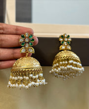 Load image into Gallery viewer, Pachi Kundan Green White Big Pearl Brass Jhumka earrings
