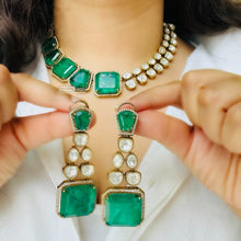 Load image into Gallery viewer, Tayani Gold plated Emerald Green Doublet Half n half Premium Statement Necklace set
