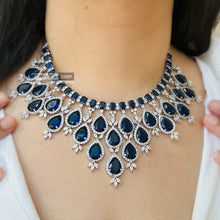 Load image into Gallery viewer, Royal Blue Statement Designer American Diamond Hanging Necklace set
