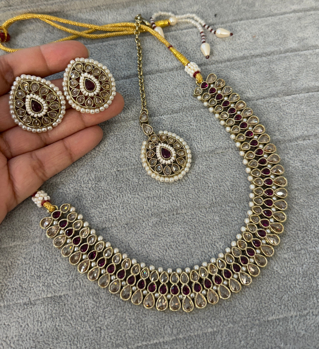 Ishani Purple Polki Simple Dainty Necklace set with maangtikka