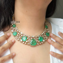 Load image into Gallery viewer, Tayani Gold plated Emerald Green Doublet  Premium Statement Necklace set
