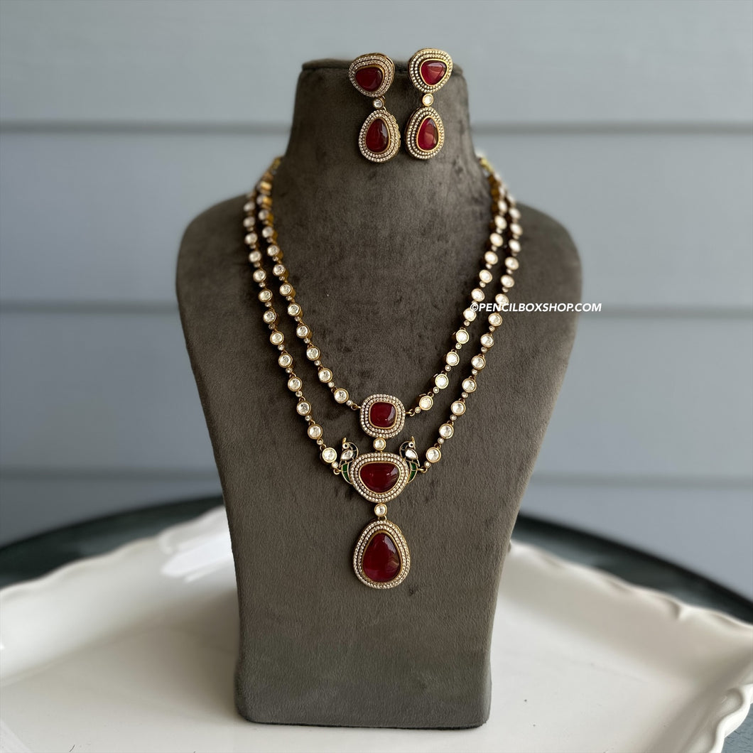 Double layer Moissanite Ruby Stone Long statement necklace set