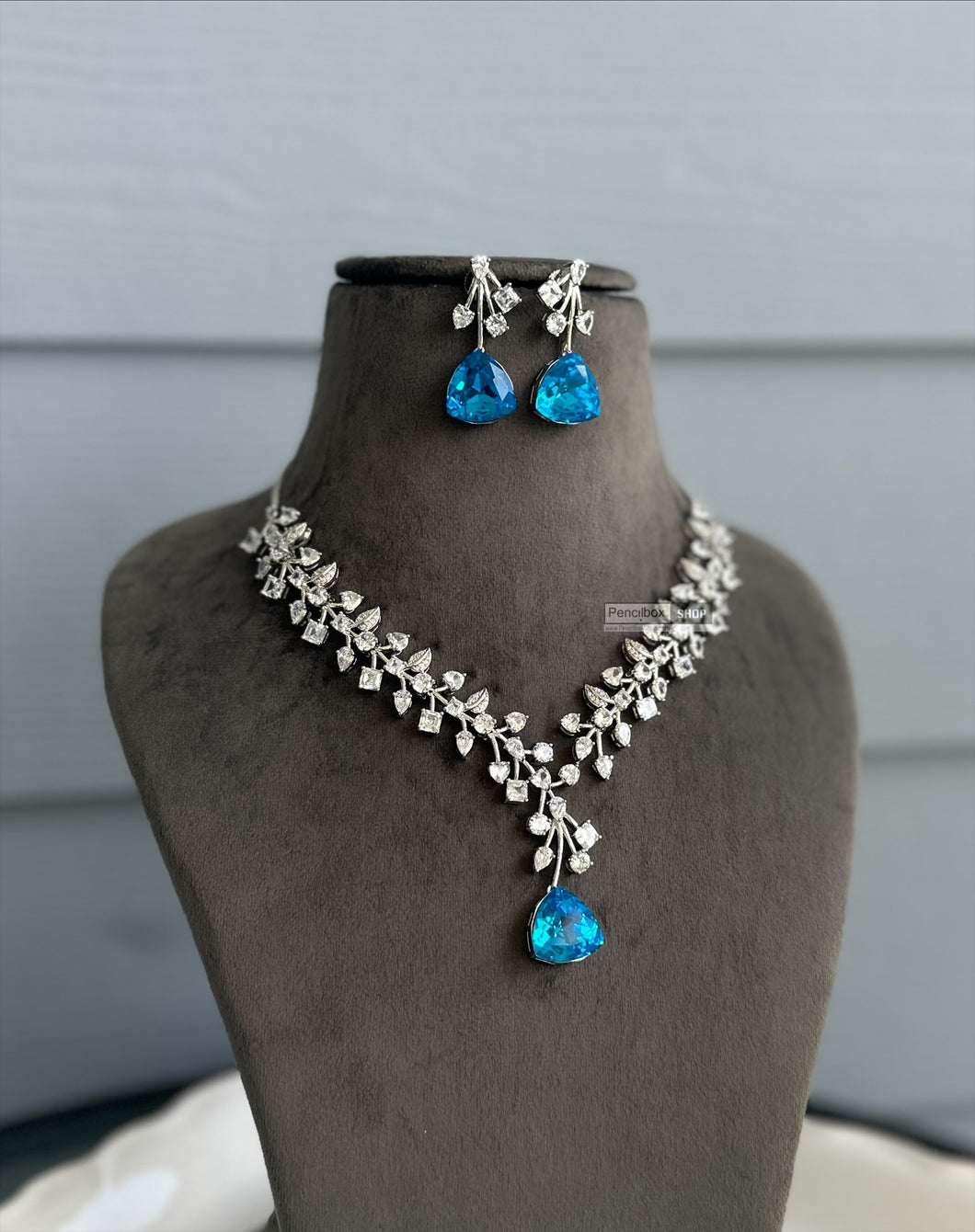 Trisha Certified Svarovski American Diamond Blue necklace set