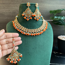 Load image into Gallery viewer, Orange Golden Polki Necklace Set with maangtikkai
