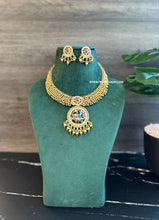 Load image into Gallery viewer, Multicolor Navratna Cz  Golden Peacock Necklace set
