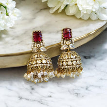 Load image into Gallery viewer, Golden Ruby Cz  Medium size Jhumka earrings
