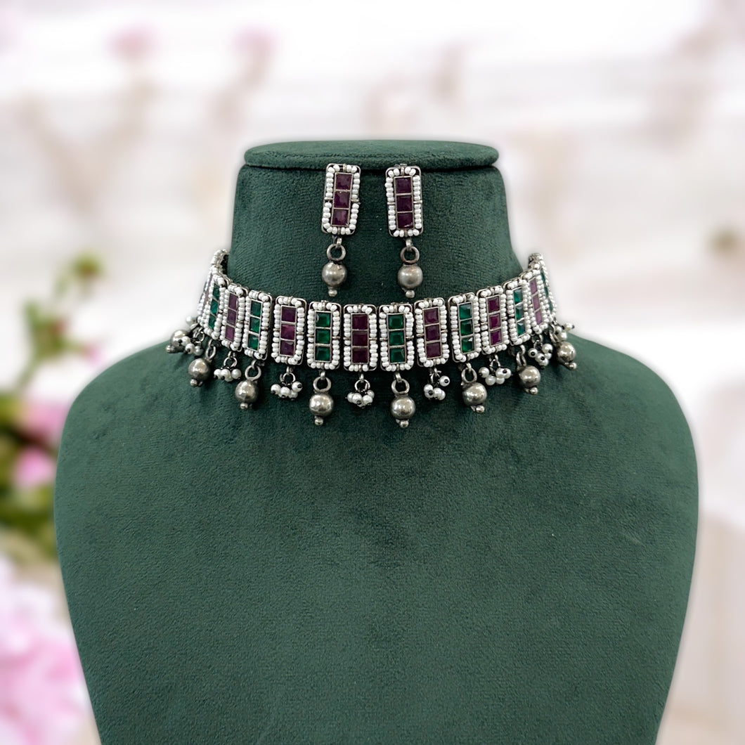 Afghani Ruby green German Silver Ghungroo Choker  Necklace set