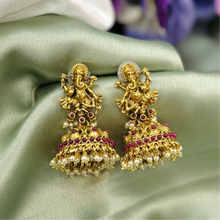 Load image into Gallery viewer, Ganpati Ruby Golden Kemp Stone Pearl drop Indian ethnic Jhumka earrings
