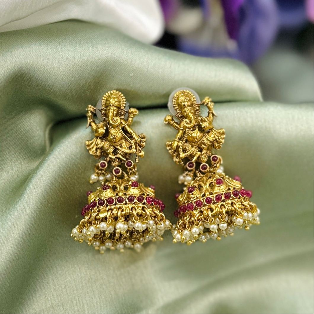 Ganpati Ruby Golden Kemp Stone Pearl drop Indian ethnic Jhumka earrings