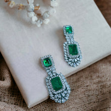 Load image into Gallery viewer, American Diamond Silver Emerald Green Cz Earrings
