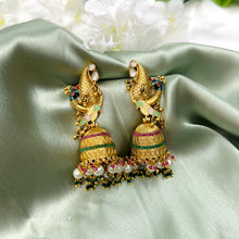 Load image into Gallery viewer, Peacock multicolor cz Indian jhumka ethnic earrings
