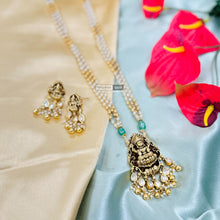 Load image into Gallery viewer, Lakshmi ji Kundan Kemp Stone pearl Medium Length temple jewelry Pendant set
