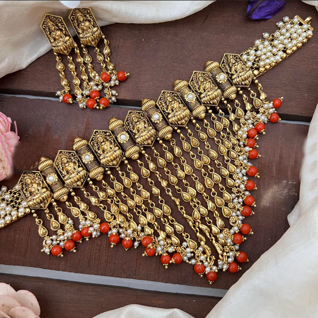 Orange Lakshmi ji Pearl Guttapusalu Pearls choker Temple Necklace set Jewelry