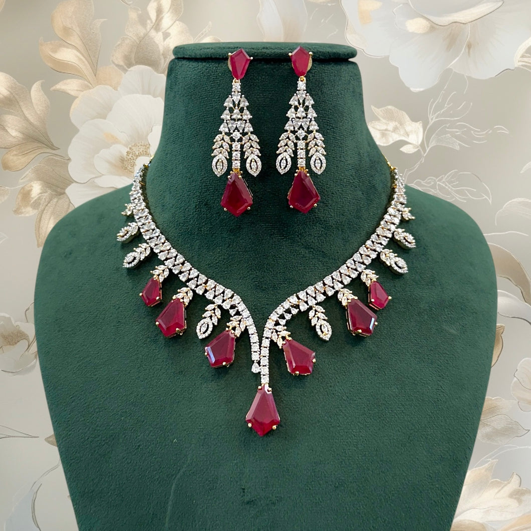 Golden Ruby Stylish Tassel Designer Solitaire American Diamond Necklace set