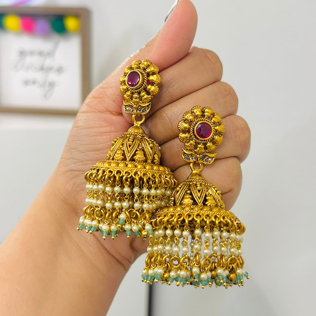 Big Kundan green mint golden ghungroo jhumkas temple jewelry