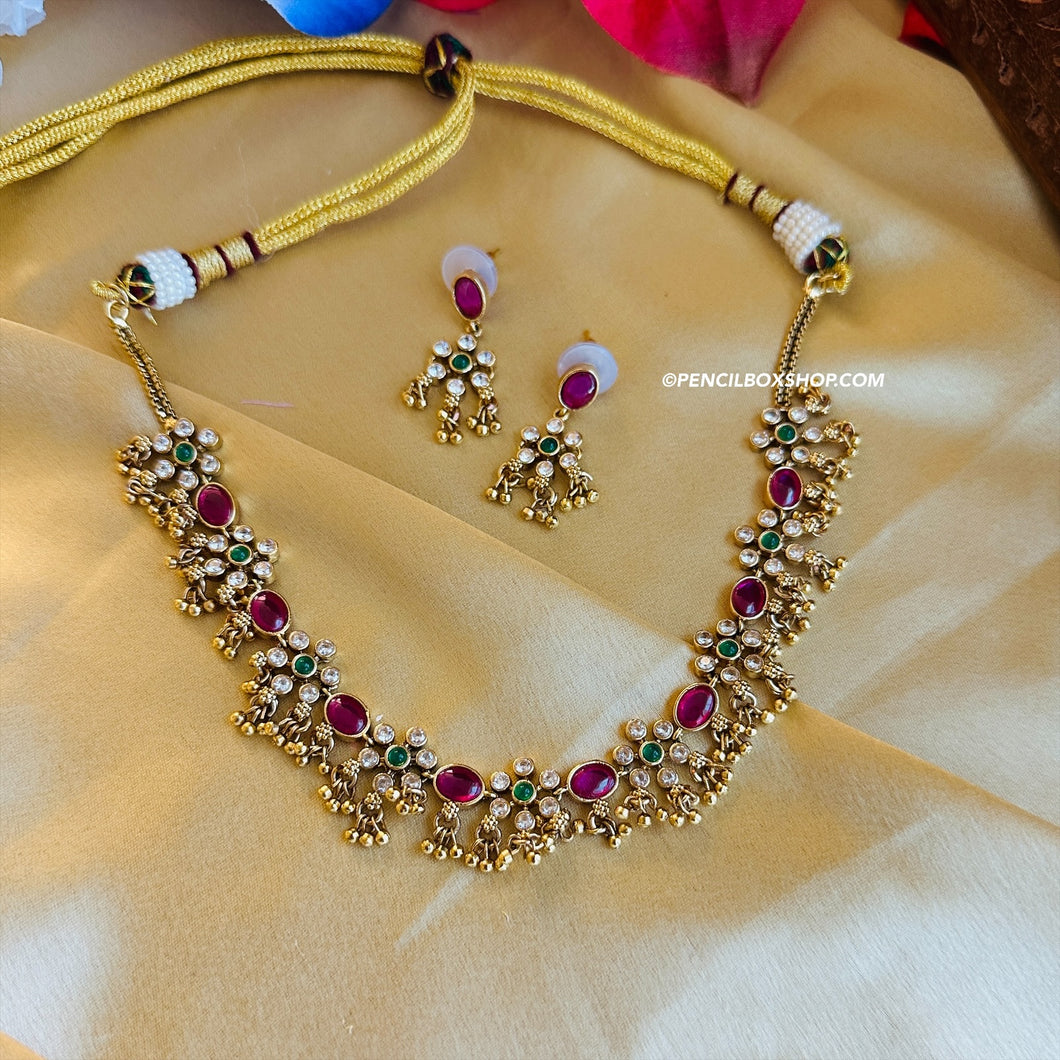 Multicolor Guttapusalu Golden Dainty Temple ethnic Necklace set