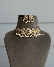 Load image into Gallery viewer, Geeta Peacock Cz purple Golden Statement Choker necklace set
