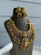 Load image into Gallery viewer, Real Kemp Stone Peacock Lakshmi ji Layered Necklace set templejewelry
