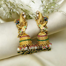 Load image into Gallery viewer, Peacock multicolor cz Indian jhumka ethnic earrings
