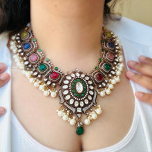 Load image into Gallery viewer, Moissanite Multicolor Gold plated Multicolor Statement Necklace set
