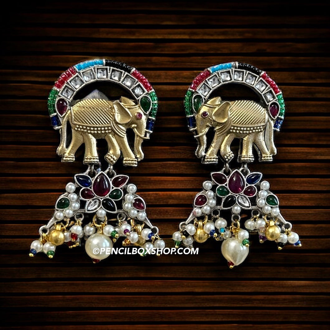 German silver Elephant Multicolor Cute Stud Earrings