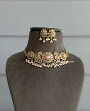 Load image into Gallery viewer, Geeta Peacock Cz Pink Golden Statement Choker necklace set
