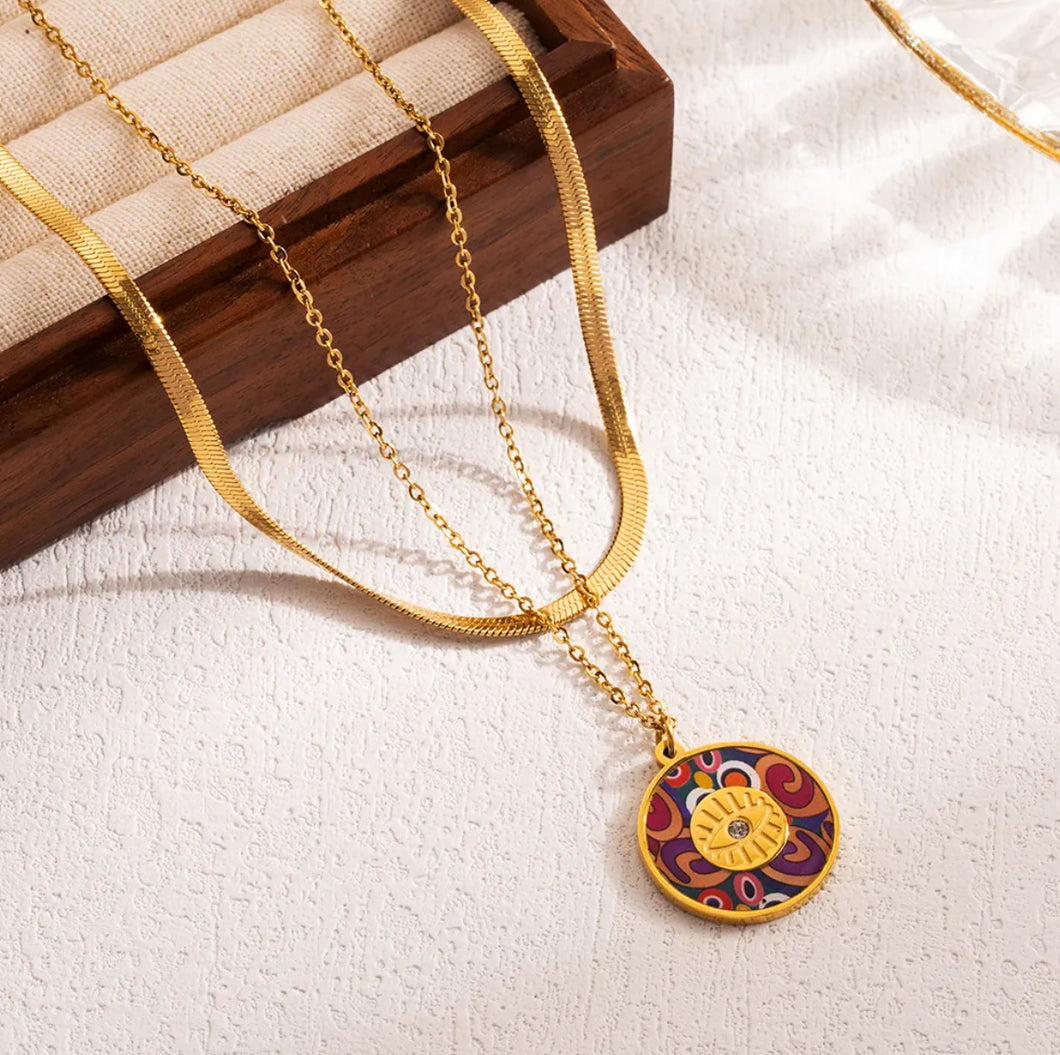 18k gold plated Stainless steel evil eye layered enamel Pendant necklace IDW