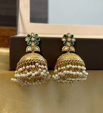 Load image into Gallery viewer, Pachi Kundan Green White Big Pearl Brass Jhumka earrings
