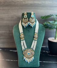 Load image into Gallery viewer, Firozi Sky blue Golden Polki Long Necklace Set
