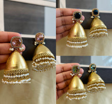 Load image into Gallery viewer, German silver Glass stone Big Golden Jhumka earrings
