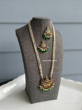 Load image into Gallery viewer, Long Pearl Golden Ruby Green kemp stone temple Necklace set
