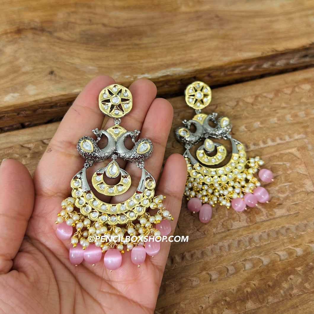 Tayani Kundan gold plated Peacock Pink chandbali earrings