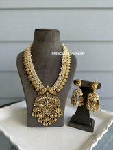 Load image into Gallery viewer, Long Heavy Flower Kundan Hanging Pearl Drop Statement Premium Necklace set
