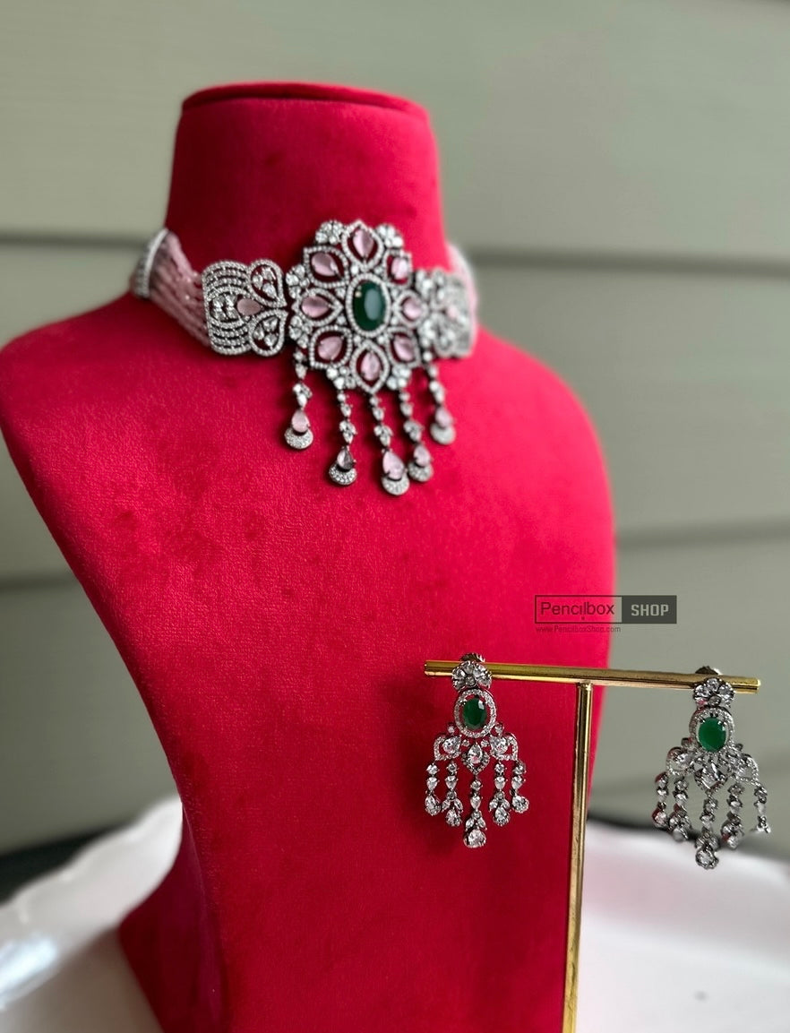 Victorian Finish pink American Diamond Choker Necklace set –  PencilboxShopUSA