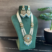 Load image into Gallery viewer, Firozi Sky blue Golden Polki Long Necklace Set
