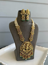 Load image into Gallery viewer, Ruby Green Pearl Drops Krishna Golden Bridal Heavy necklace set
