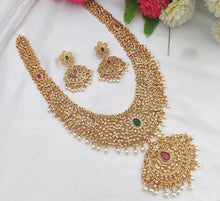 Load image into Gallery viewer, Long Haram Ruby green cz Long Necklace set Temple Jewelry
