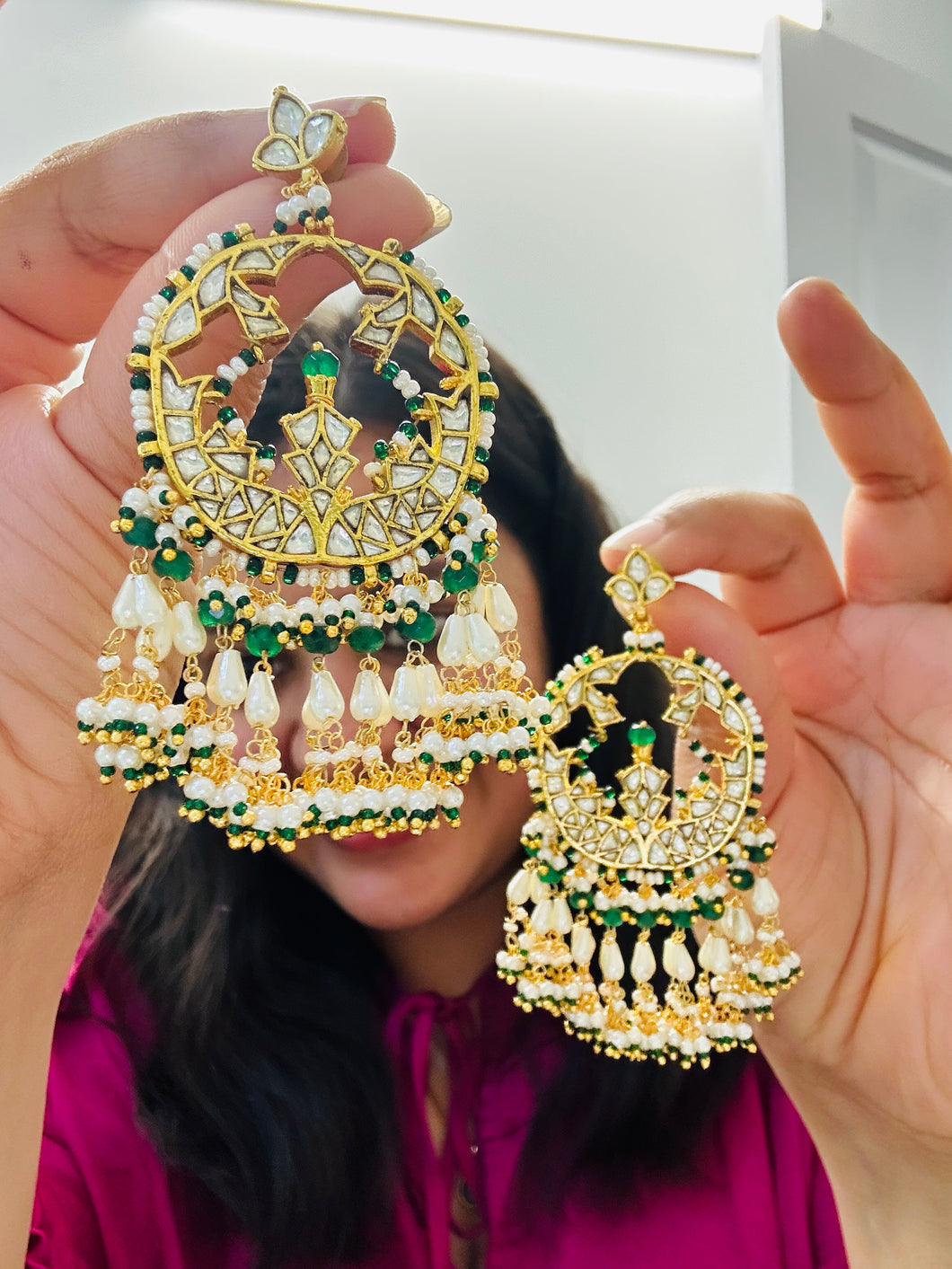 Pachi Kundan Brass White Chandbali Designer Earrings