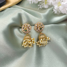 Load image into Gallery viewer, Peacock Cz Golden Kemp Stone Pearl drop Indian ethnic earrings
