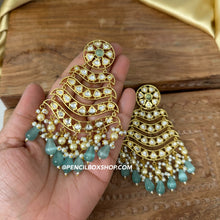 Load image into Gallery viewer, Tayani Mint Golden statement Chandbali Long Jhumka Earrings
