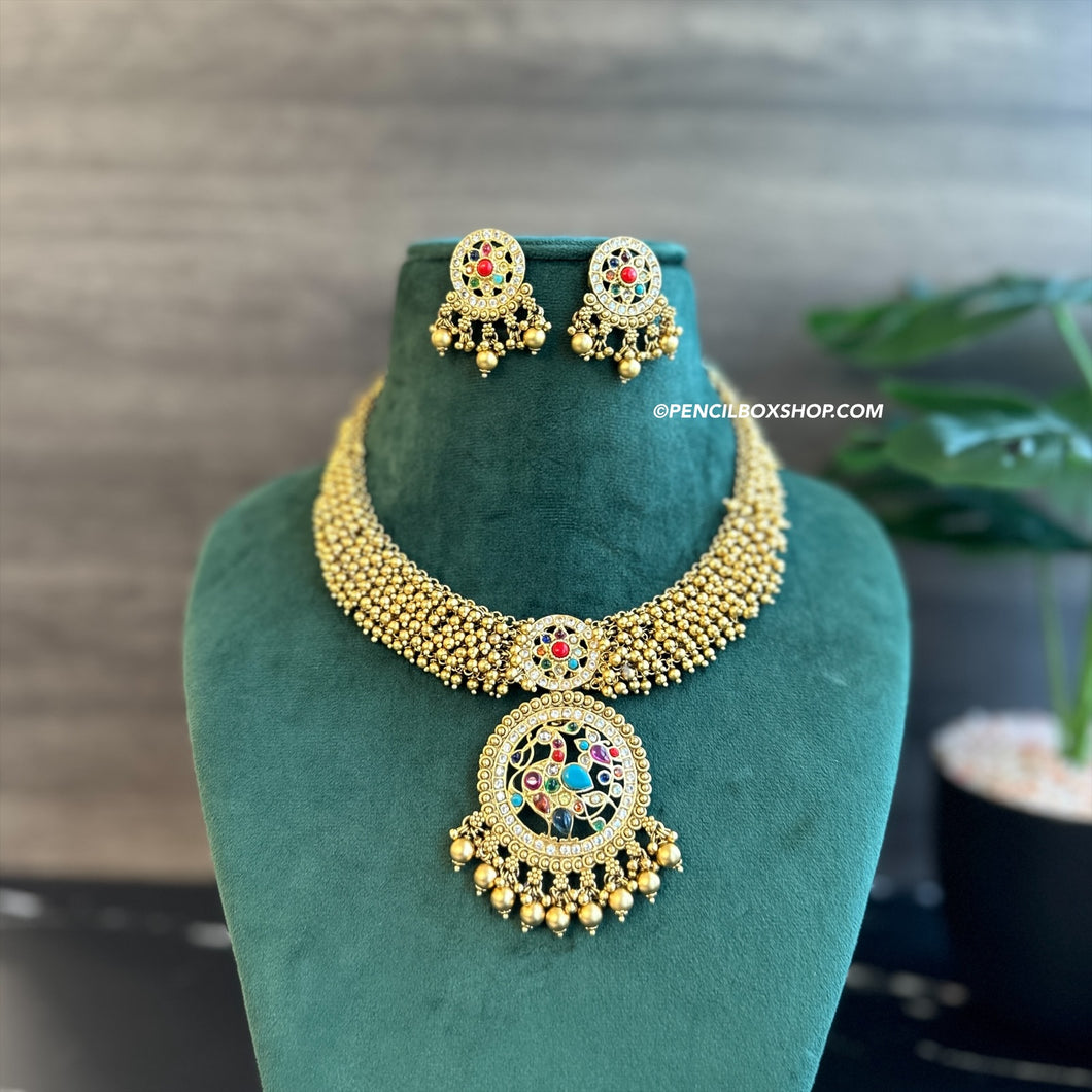 Multicolor Navratna Cz  Golden Peacock Necklace set