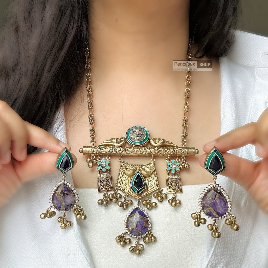 Sabya inspired turquoise German silver Purple Pachi Gold Tone ghungroo pendant set