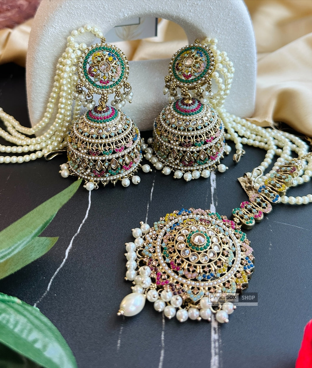 Multicolor Big Jumbo Bahubali pearl jhumki earrings with maangtikka