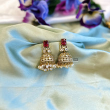 Load image into Gallery viewer, Golden Ruby Cz  Medium size Jhumka earrings
