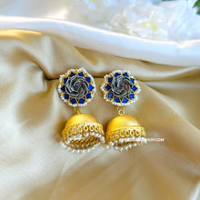 Load image into Gallery viewer, Multiple colors-Pachi kundan Flower Golden Brass Pearl Jhumka earrings
