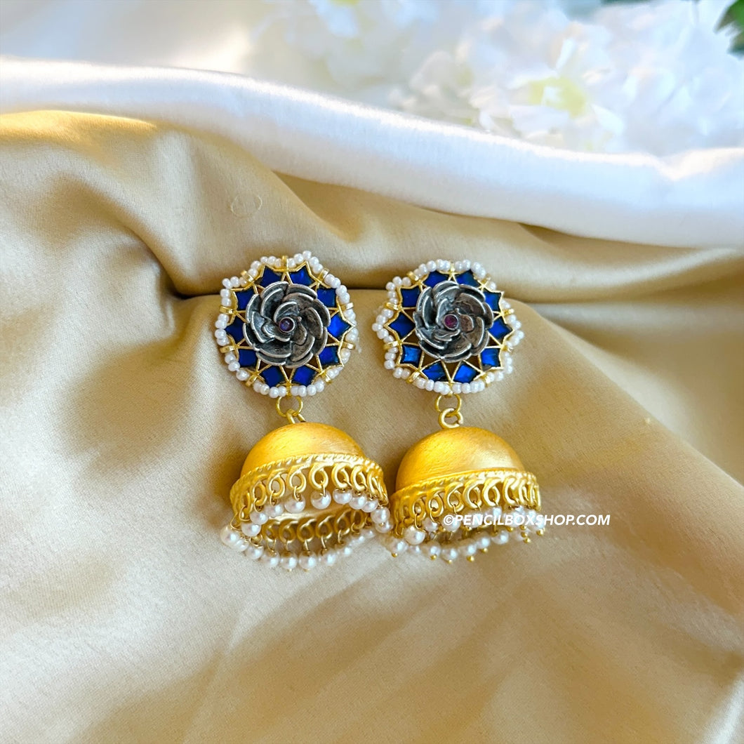 Multiple colors-Pachi kundan Flower Golden Brass Pearl Jhumka earrings